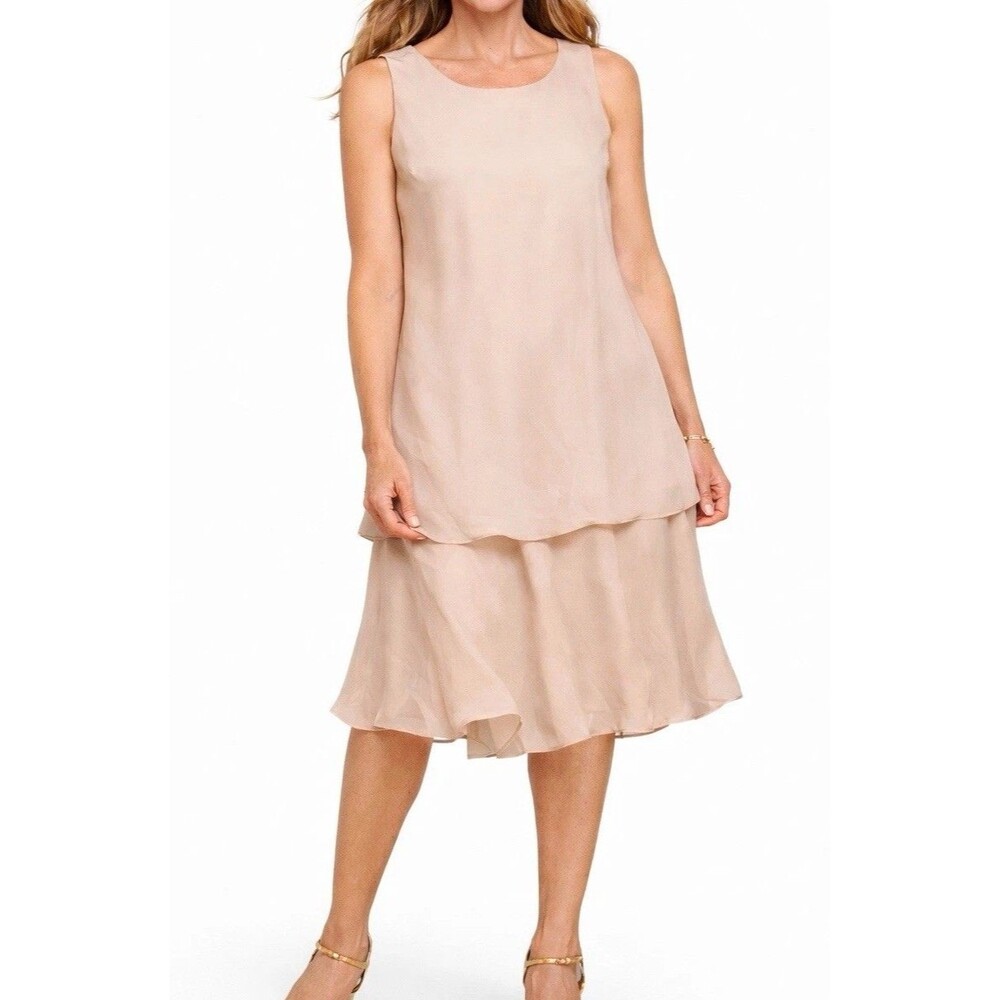 Champagne Mother of Bride Dress Womens Large Chiffon Tiered Formal Sleeveless